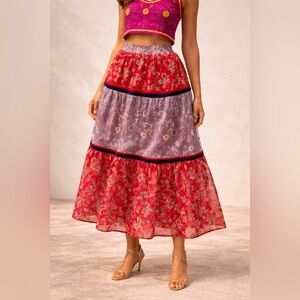 Celia B Velvet Burnout Metallic Tiered Midi Skirt Boho Statement Maximalist Sz S